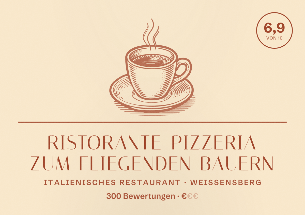 Illustriertes Poster von Ristorante Pizzeria Zum fliegenden Bauern, Italienisches Restaurant in Weißensberg: Bewertung 6,9 von 10 aus 300 Bewertungen, Preisniveau €