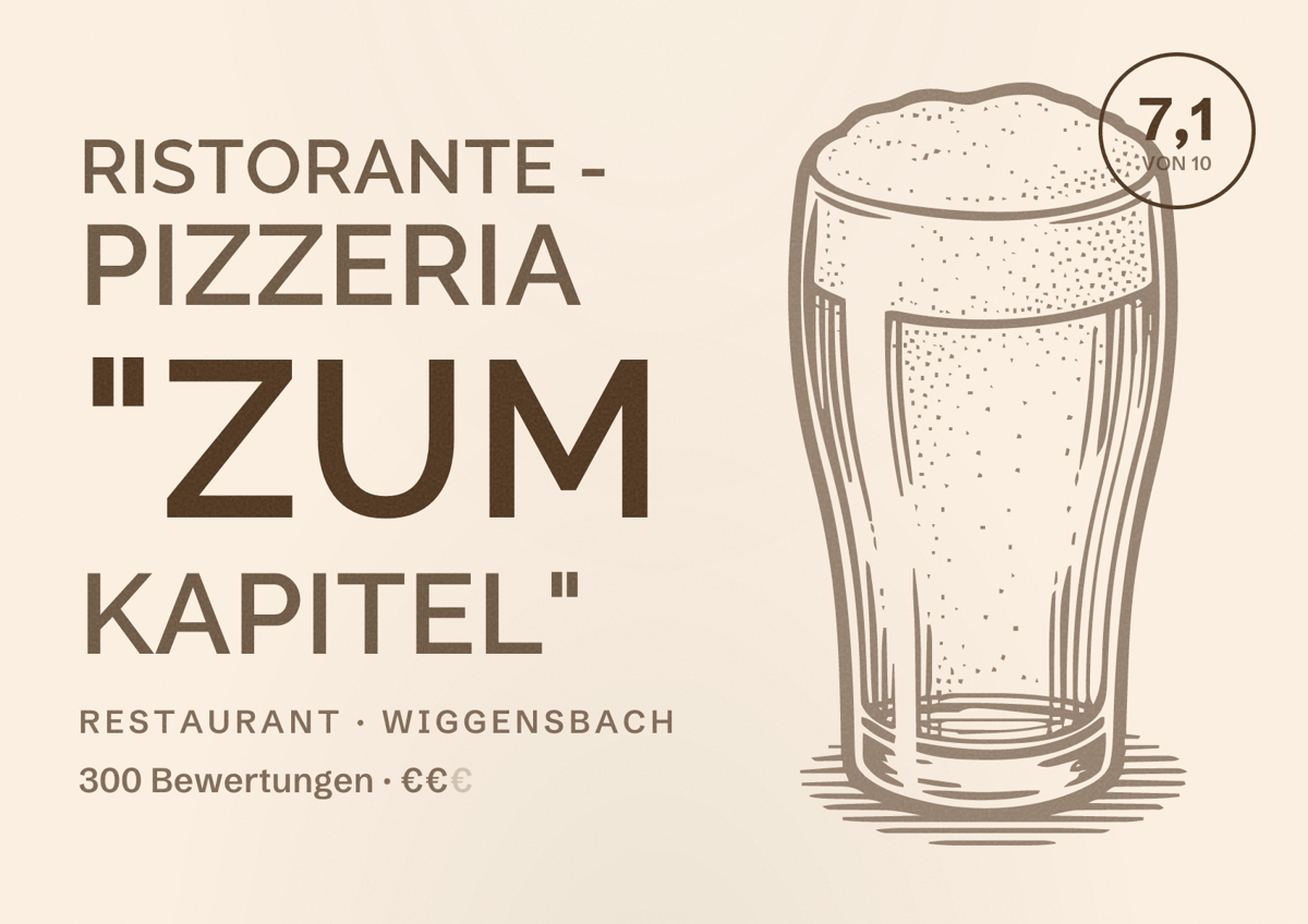 Illustriertes Poster von Ristorante - Pizzeria "zum Kapitel", Restaurant in Wiggensbach: Bewertung 7,1 von 10 aus 300 Bewertungen, Preisniveau €€