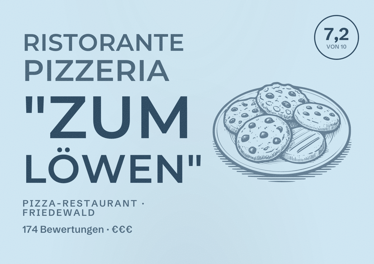 Illustriertes Poster von Ristorante Pizzeria "Zum Löwen", Pizza-Restaurant in Friedewald: Bewertung 7,2 von 10 aus 174 Bewertungen, Preisniveau €€€