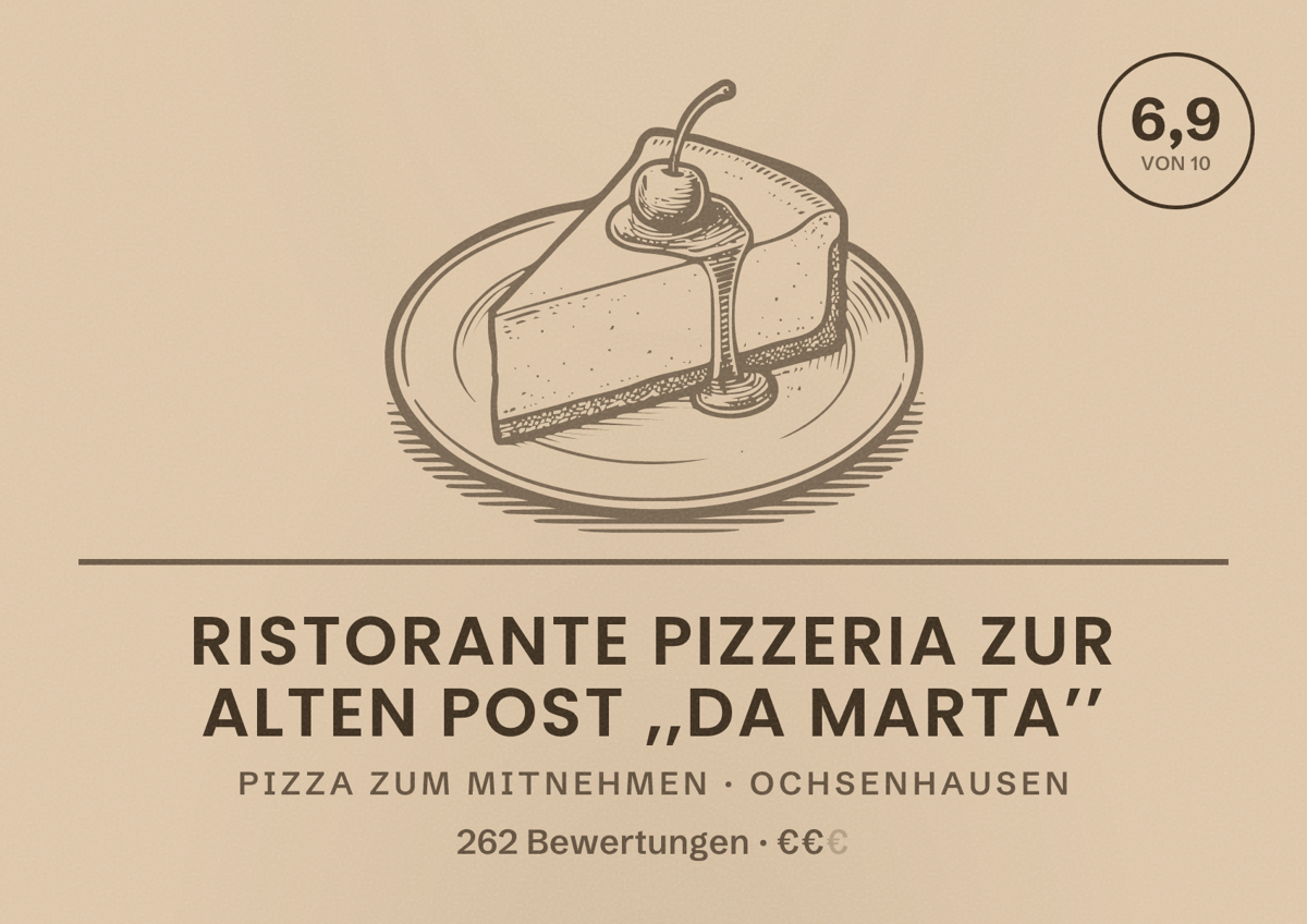 Illustriertes Poster von Ristorante Pizzeria Zur Alten Post ,,da marta’’, Pizza zum Mitnehmen in Ochsenhausen: Bewertung 6,9 von 10 aus 262 Bewertungen, Preisniveau €€