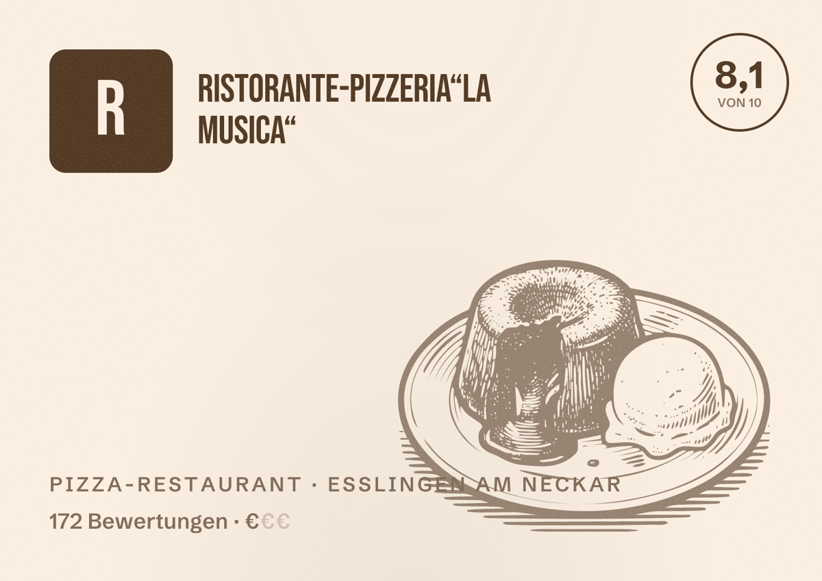 Illustriertes Poster von Ristorante-Pizzeria“la Musica“, Pizza-Restaurant in Esslingen am Neckar: Bewertung 8,1 von 10 aus 172 Bewertungen, Preisniveau €