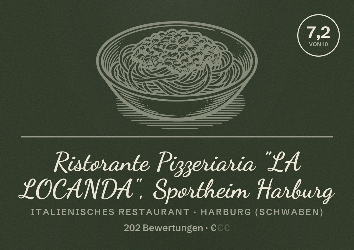 Illustriertes Poster von Ristorante Pizzeriaria "LA LOCANDA", Sportheim Harburg, Italienisches Restaurant in Harburg (Schwaben): Bewertung 7,2 von 10 aus 202 Bewertungen, Preisniveau €