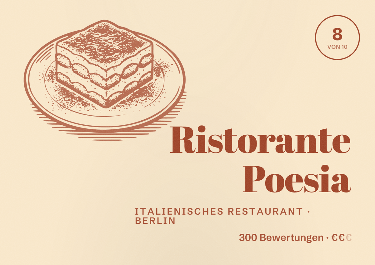 Illustriertes Poster von Ristorante Poesia, Italienisches Restaurant in Berlin: Bewertung 8,0 von 10 aus 300 Bewertungen, Preisniveau €€