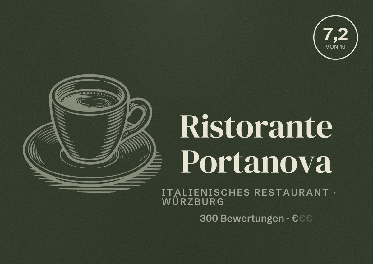 Illustriertes Poster von Ristorante Portanova, Italienisches Restaurant in Würzburg: Bewertung 7,2 von 10 aus 300 Bewertungen, Preisniveau €