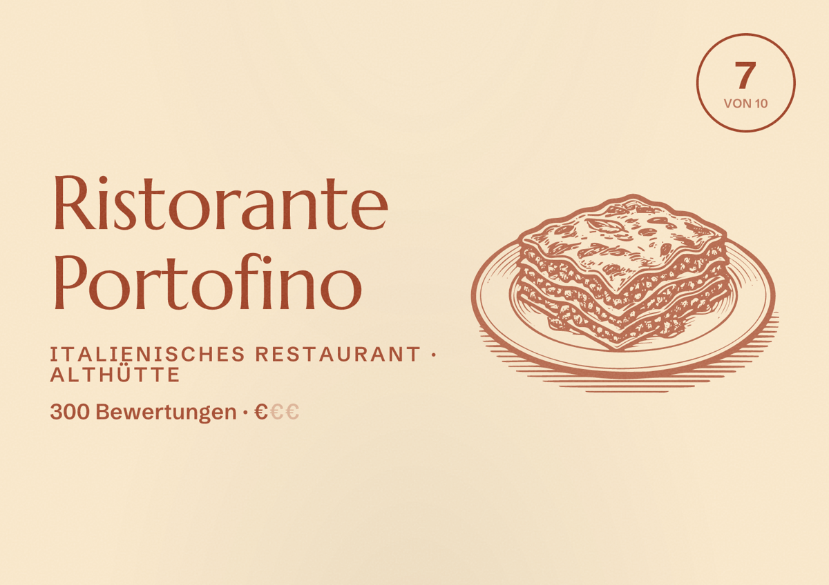 Illustriertes Poster von Ristorante Portofino, Italienisches Restaurant in Althütte: Bewertung 7 von 10 aus 300 Bewertungen, Preisniveau €