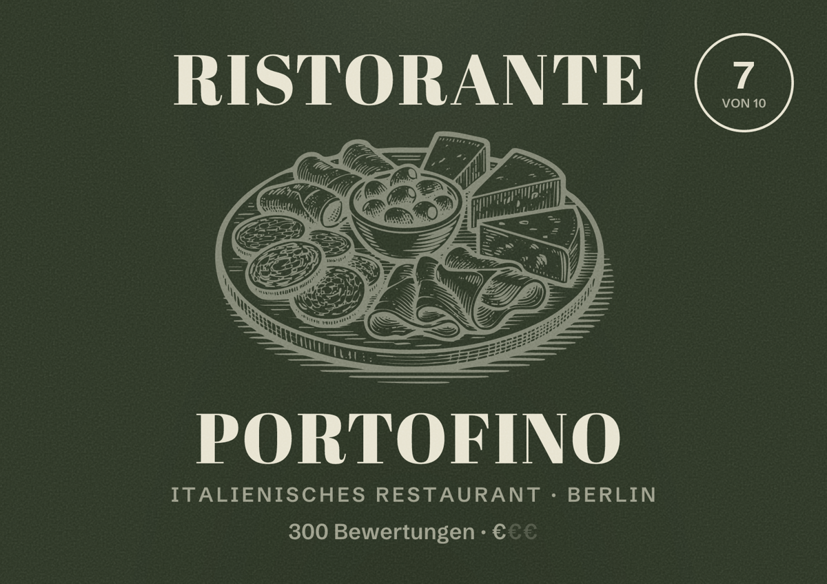 Illustriertes Poster von Ristorante Portofino, Italienisches Restaurant in Berlin: Bewertung 7,0 von 10 aus 300 Bewertungen, Preisniveau €