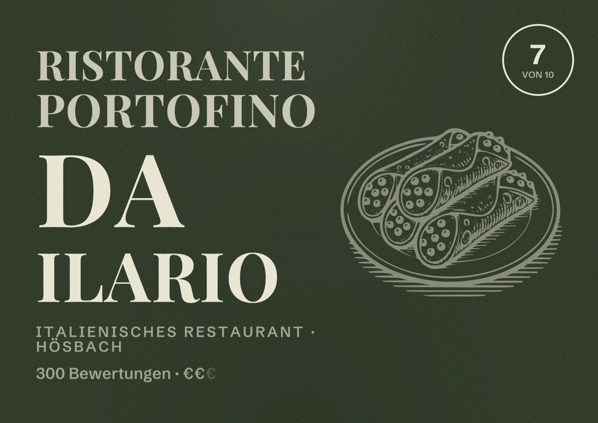 Illustriertes Poster von Ristorante Portofino da Ilario, Italienisches Restaurant in Hösbach: Bewertung 7 von 10 aus 300 Bewertungen, Preisniveau €€