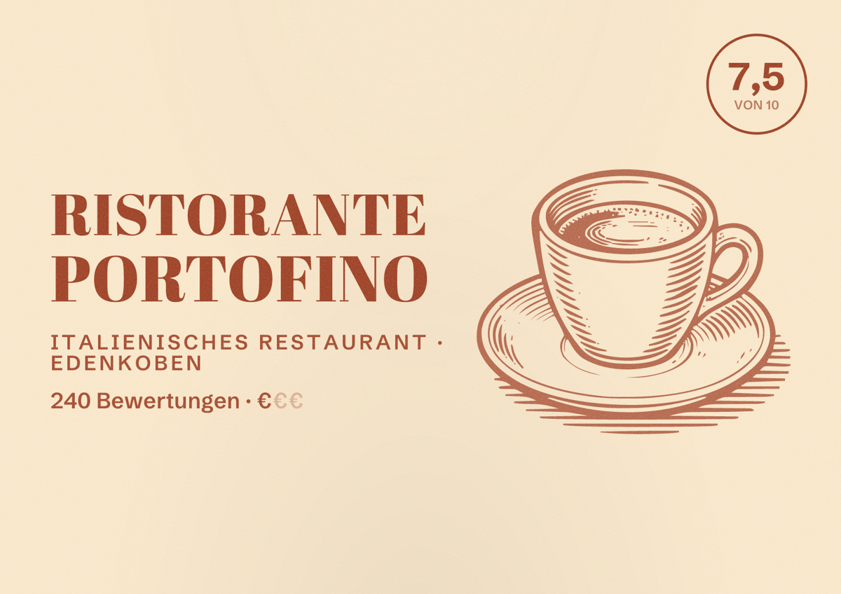 Illustriertes Poster von Ristorante Portofino, Italienisches Restaurant in Edenkoben: Bewertung 7,5 von 10 aus 240 Bewertungen, Preisniveau €