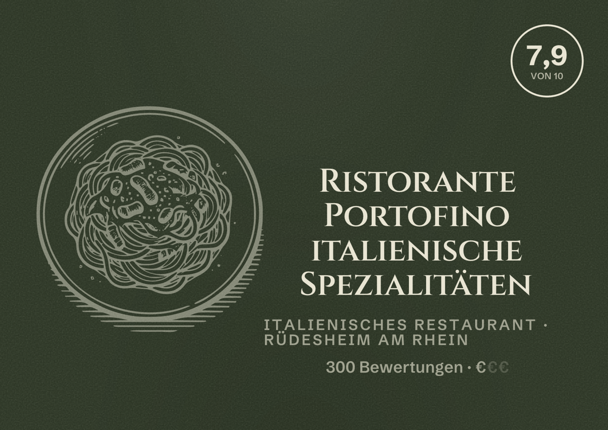 Illustriertes Poster von Ristorante Portofino italienische Spezialitäten, Italienisches Restaurant in Rüdesheim am Rhein: Bewertung 7,9 von 10 aus 300 Bewertungen, Preisniveau €