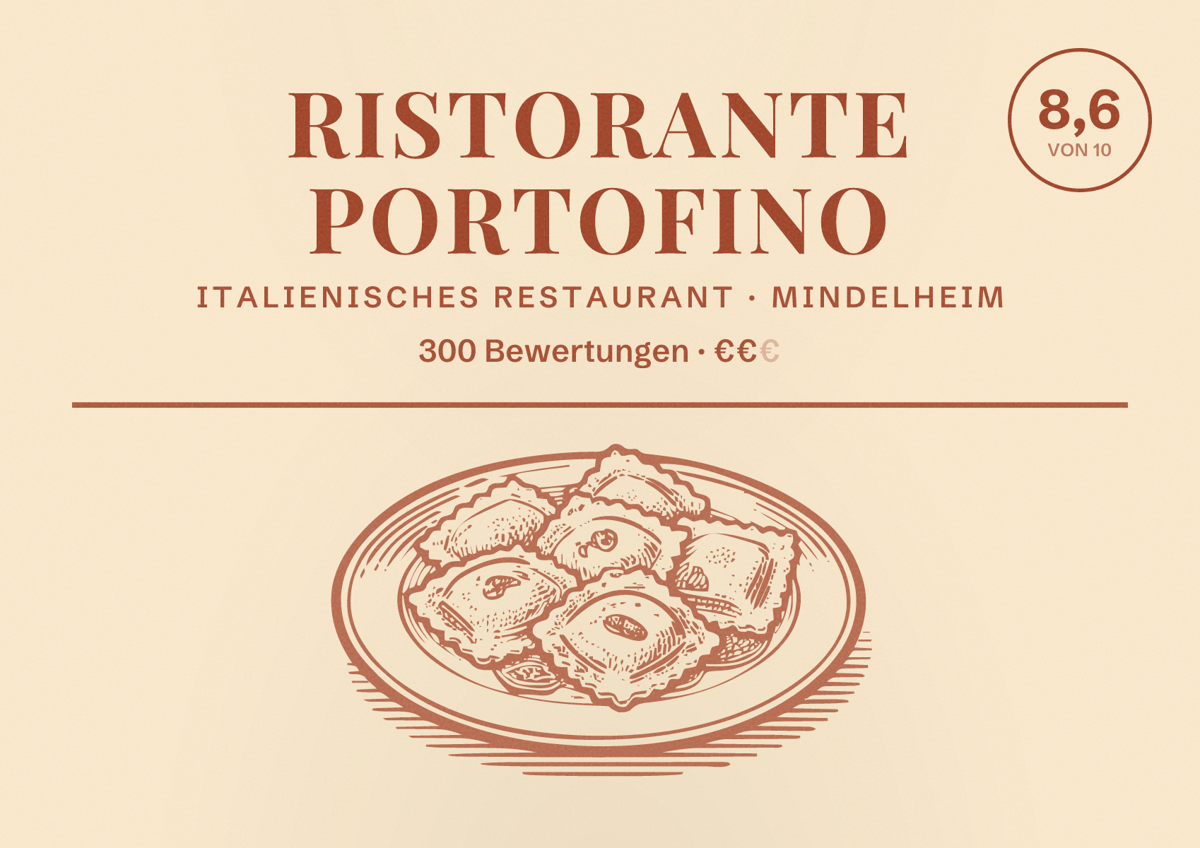 Illustriertes Poster von Ristorante Portofino, Italienisches Restaurant in Mindelheim: Bewertung 8,6 von 10 aus 300 Bewertungen, Preisniveau €€