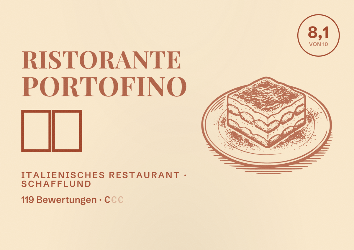 Illustriertes Poster von Ristorante Portofino 🇮🇹, Italienisches Restaurant in Schafflund: Bewertung 8,1 von 10 aus 119 Bewertungen, Preisniveau €