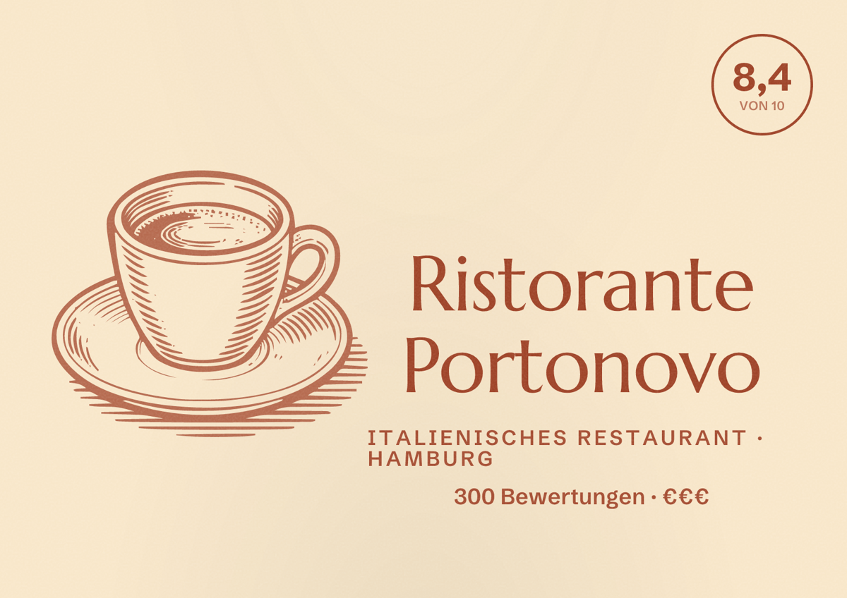 Illustriertes Poster von Ristorante Portonovo, Italienisches Restaurant in Hamburg: Bewertung 8,4 von 10 aus 300 Bewertungen, Preisniveau €€€