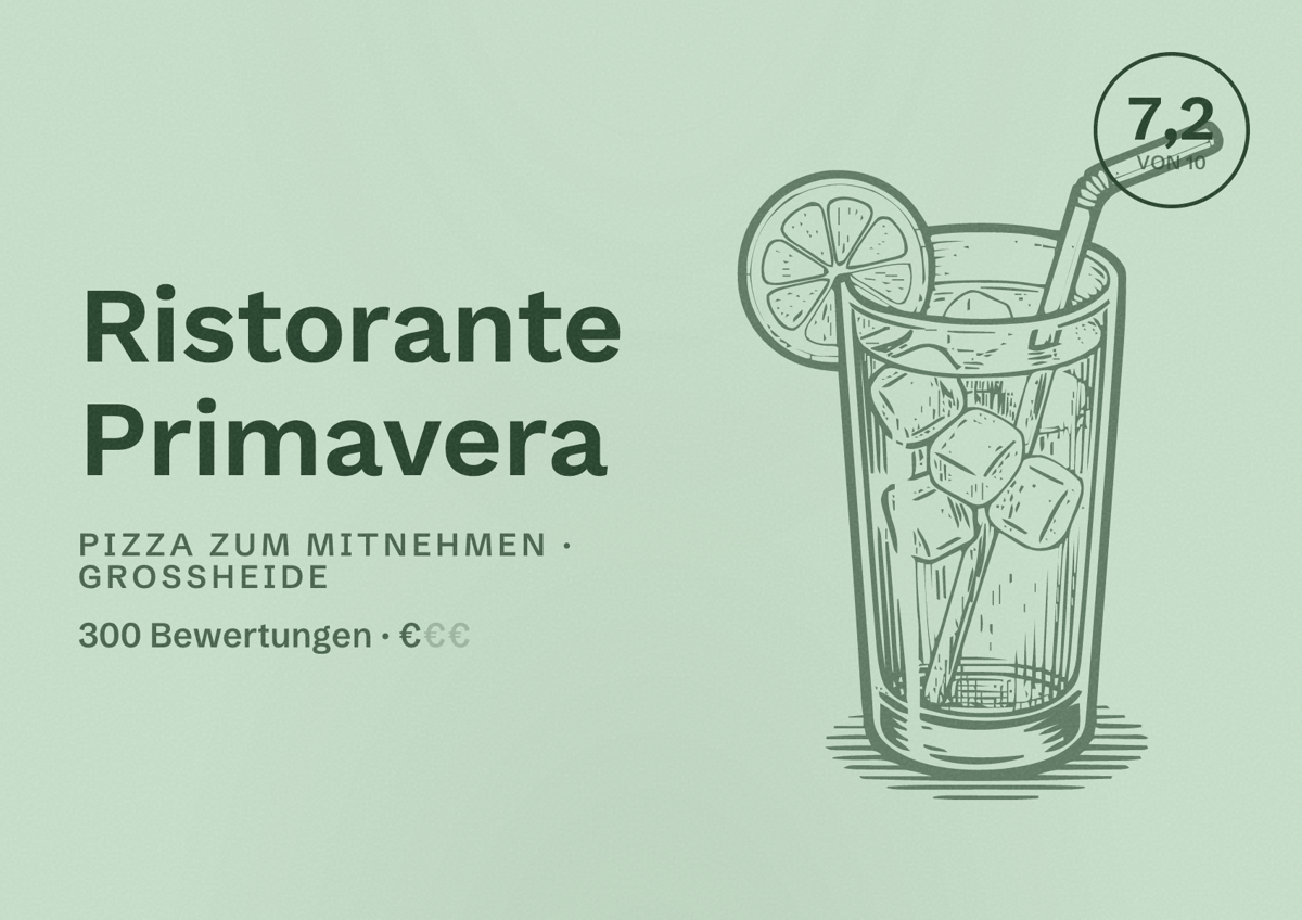 Illustriertes Poster von Ristorante Primavera, Pizza zum Mitnehmen in Großheide: Bewertung 7,2 von 10 aus 300 Bewertungen, Preisniveau €