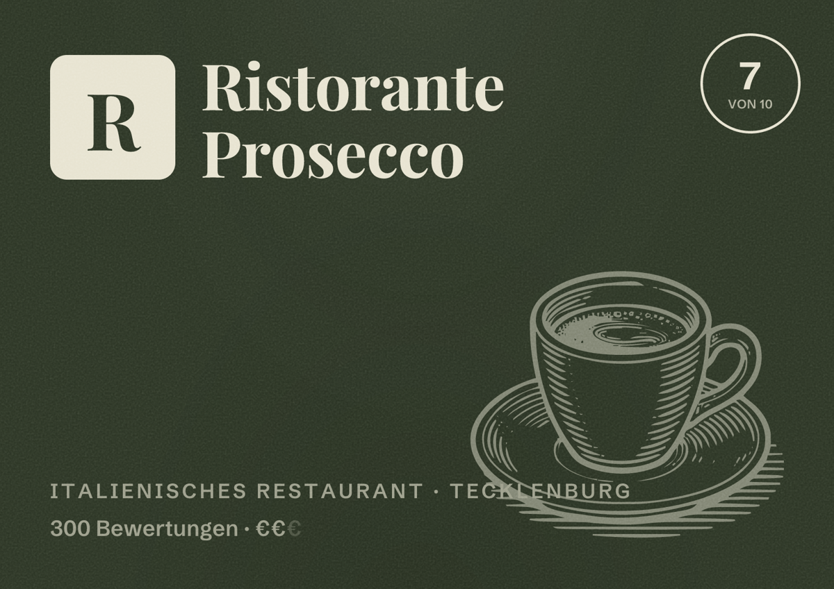 Illustriertes Poster von Ristorante Prosecco, Italienisches Restaurant in Tecklenburg: Bewertung 7 von 10 aus 300 Bewertungen, Preisniveau €€