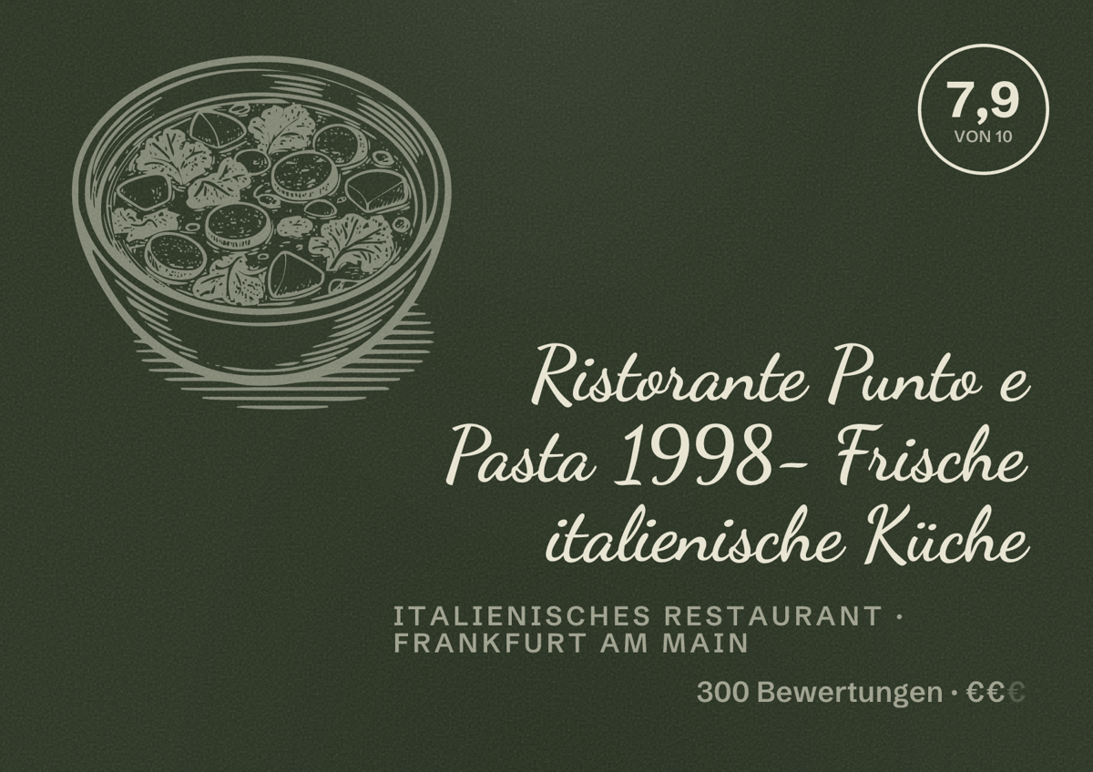Illustriertes Poster von Ristorante Punto e Pasta 1998- Frische italienische Küche, Italienisches Restaurant in Frankfurt am Main: Bewertung 7,9 von 10 aus 300 Bewertungen, Preisniveau €€