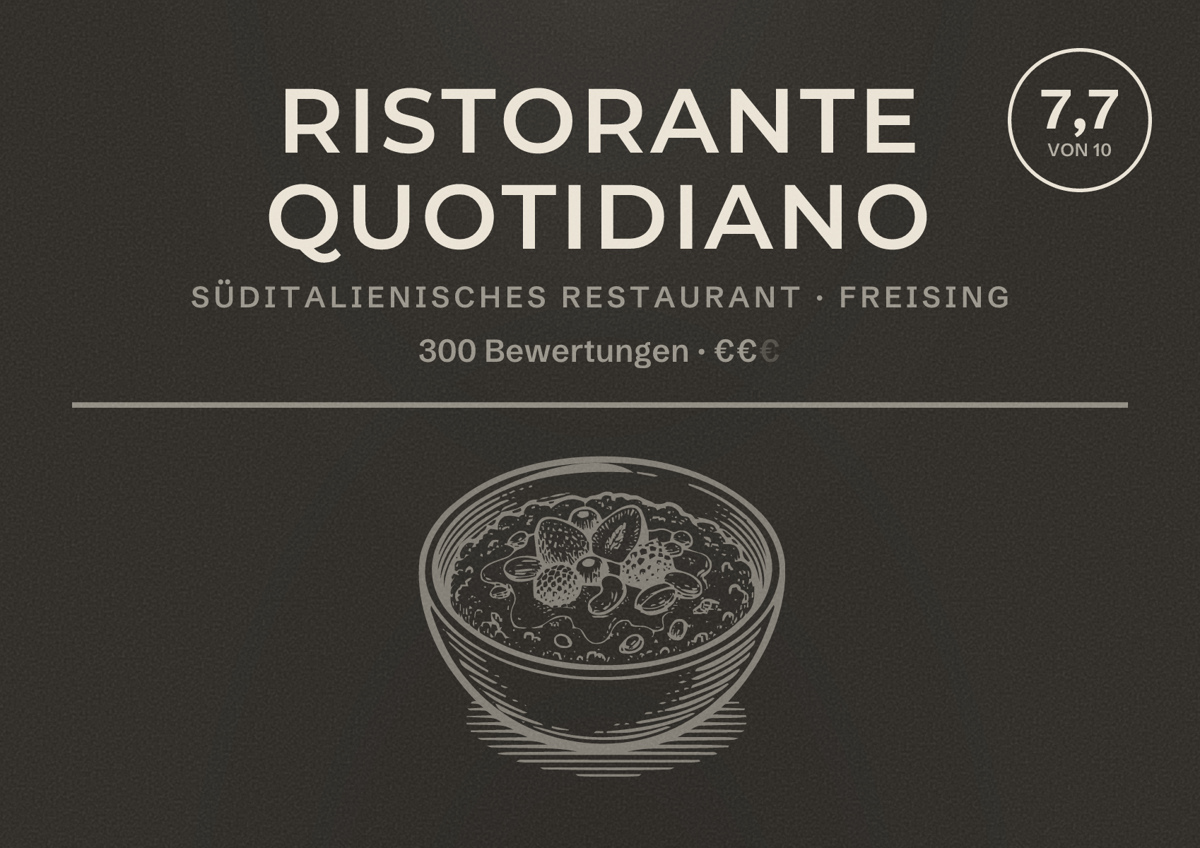 Illustriertes Poster von Ristorante Quotidiano, Süditalienisches Restaurant in Freising: Bewertung 7,7 von 10 aus 300 Bewertungen, Preisniveau €€