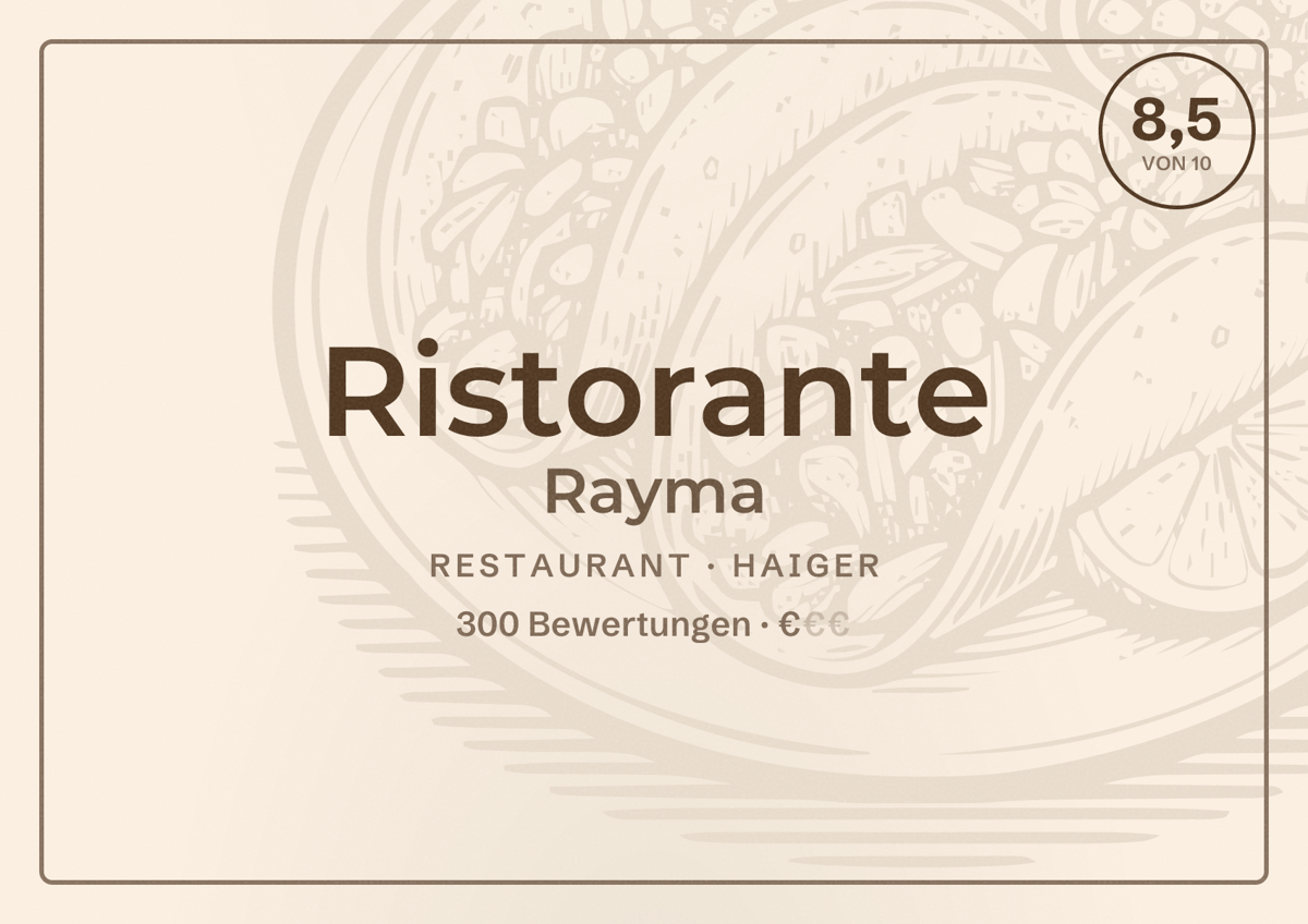 Illustriertes Poster von Ristorante Rayma, Restaurant in Haiger: Bewertung 8,5 von 10 aus 300 Bewertungen, Preisniveau €