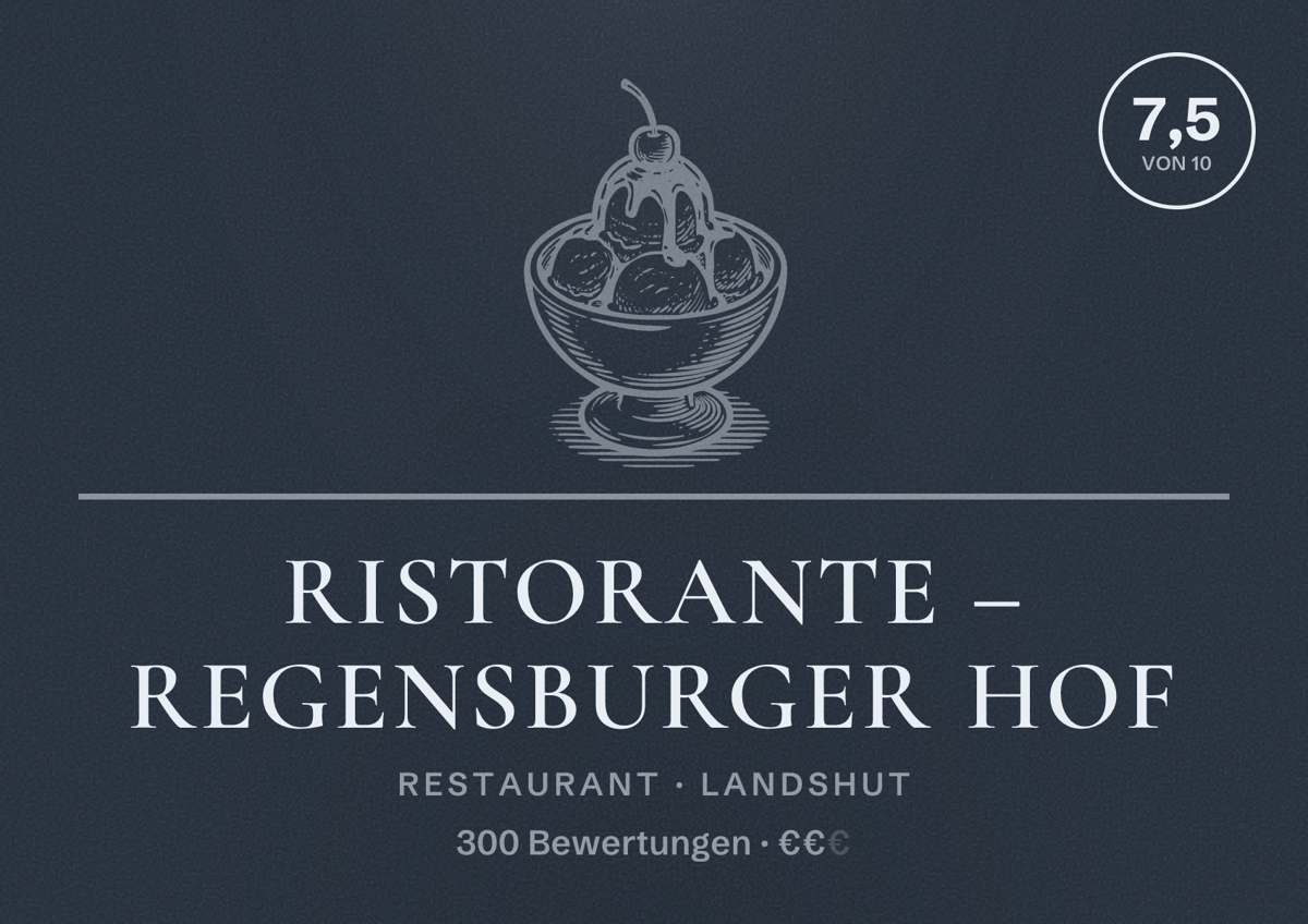 Illustriertes Poster von Ristorante – Regensburger Hof, Restaurant in Landshut: Bewertung 7,5 von 10 aus 300 Bewertungen, Preisniveau €€