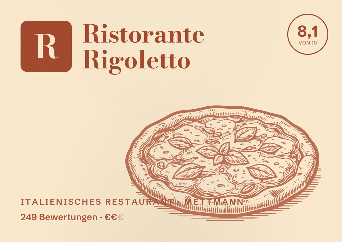 Illustriertes Poster von Ristorante Rigoletto, Italienisches Restaurant in Mettmann: Bewertung 8,1 von 10 aus 249 Bewertungen, Preisniveau €€