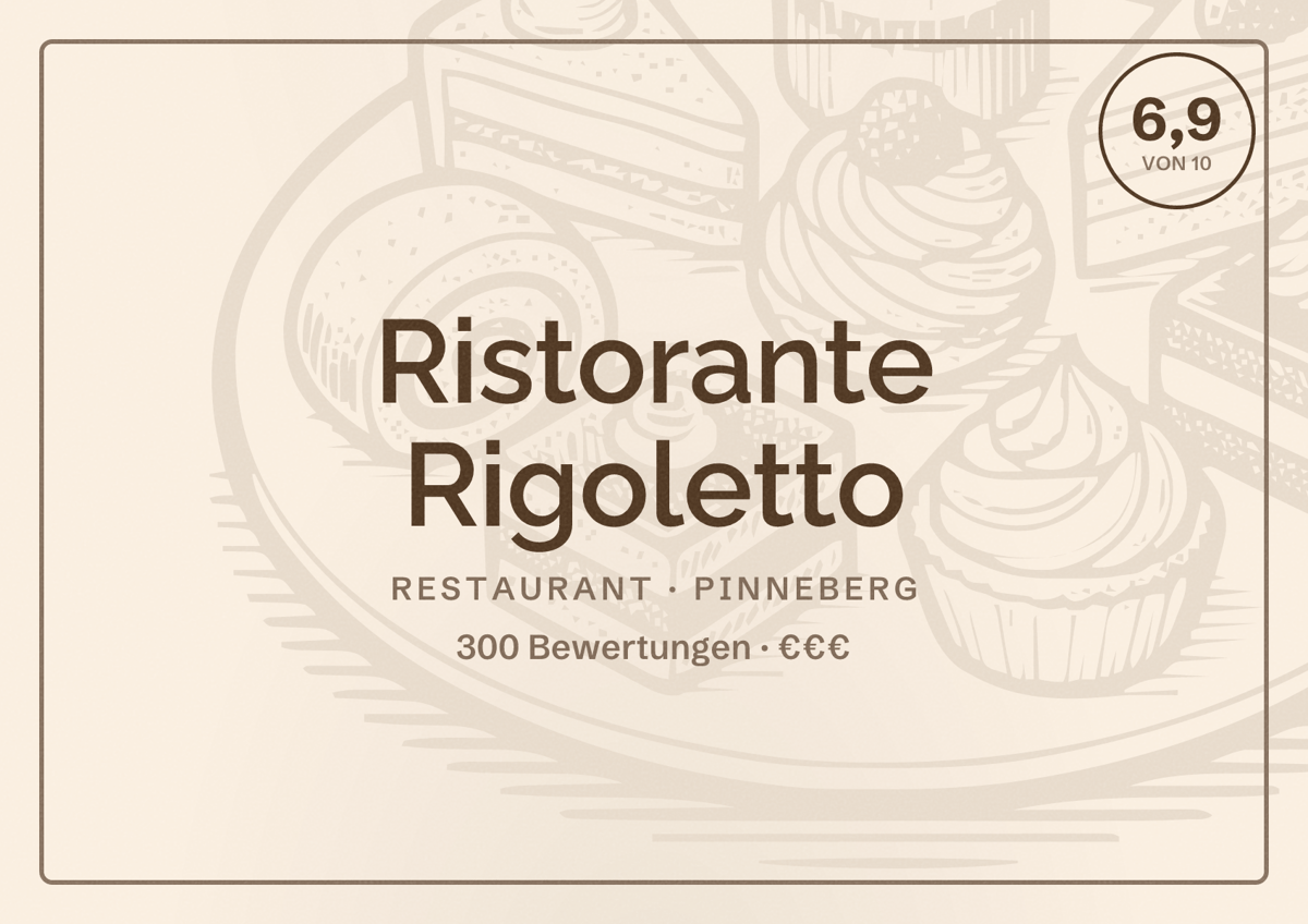Illustriertes Poster von Ristorante Rigoletto, Restaurant in Pinneberg: Bewertung 6,9 von 10 aus 300 Bewertungen, Preisniveau €€€