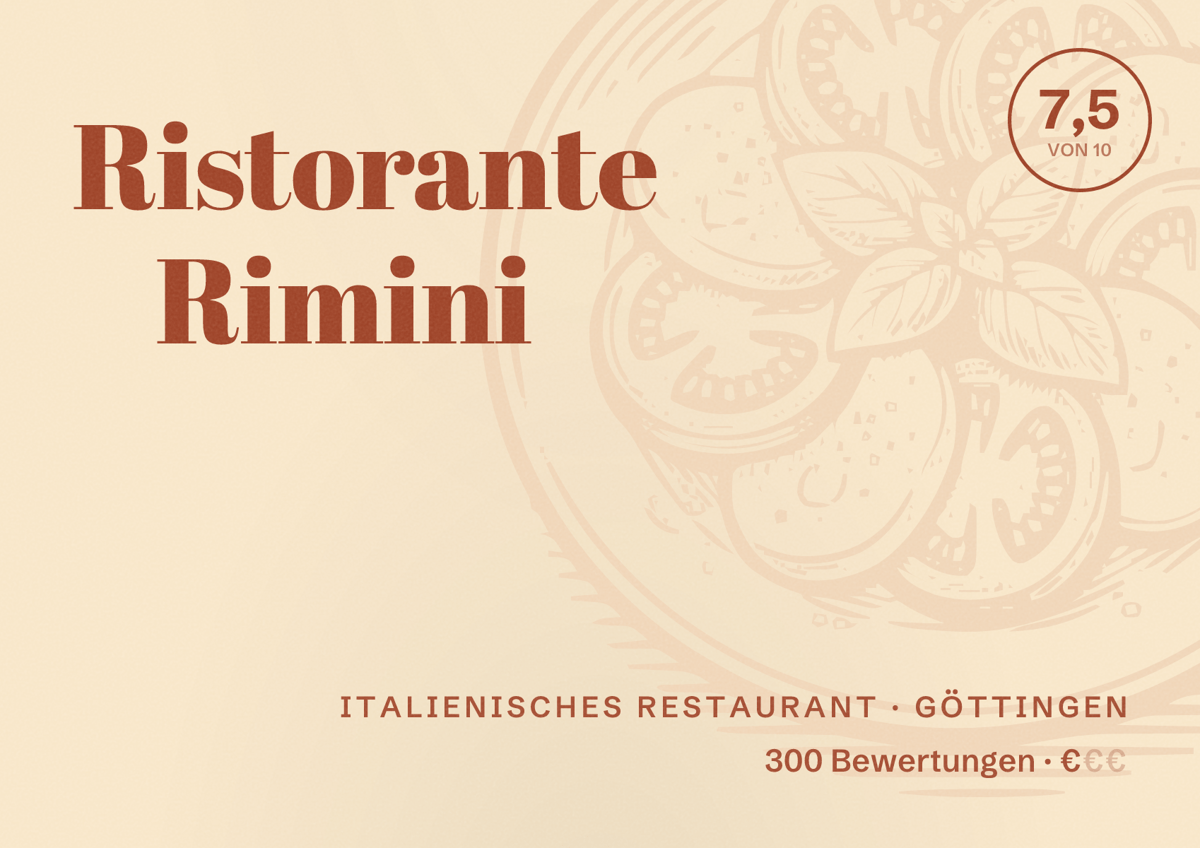 Illustriertes Poster von Ristorante Rimini, Italienisches Restaurant in Göttingen: Bewertung 7,5 von 10 aus 300 Bewertungen, Preisniveau €