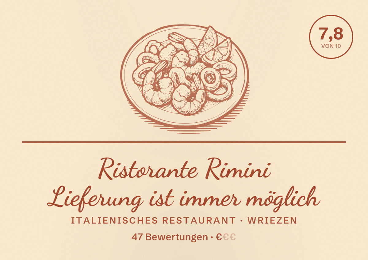 Illustriertes Poster von Ristorante Rimini Lieferung ist immer möglich, Italienisches Restaurant in Wriezen: Bewertung 7,8 von 10 aus 47 Bewertungen, Preisniveau €