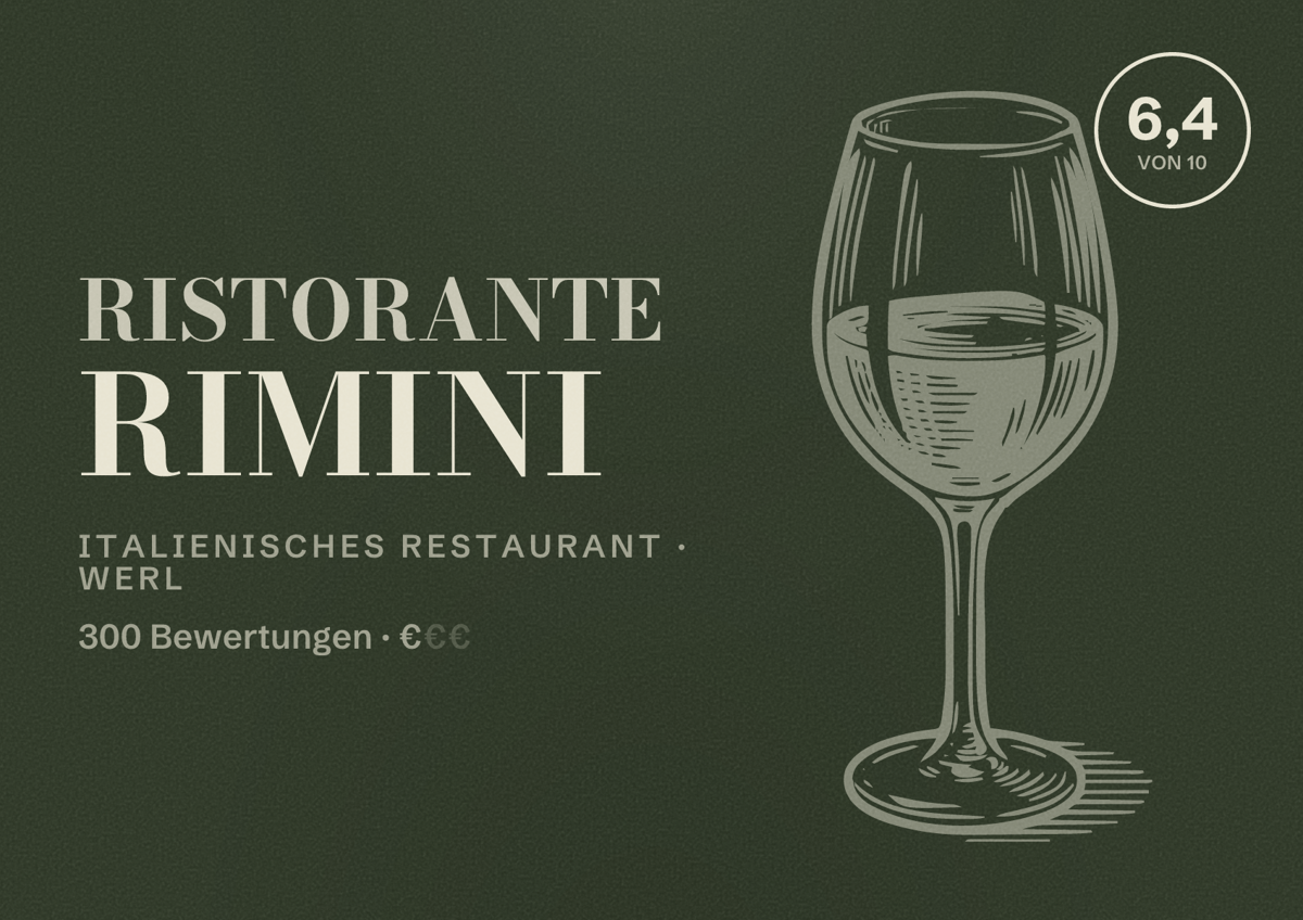 Illustriertes Poster von Ristorante Rimini, Italienisches Restaurant in Werl: Bewertung 6,4 von 10 aus 300 Bewertungen, Preisniveau €