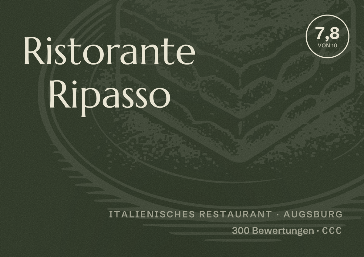 Illustriertes Poster von Ristorante Ripasso, Italienisches Restaurant in Augsburg: Bewertung 7,8 von 10 aus 300 Bewertungen, Preisniveau €€€