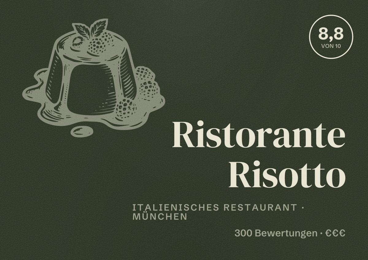 Illustriertes Poster von Ristorante Risotto, Italienisches Restaurant in München: Bewertung 8,8 von 10 aus 300 Bewertungen, Preisniveau €€€