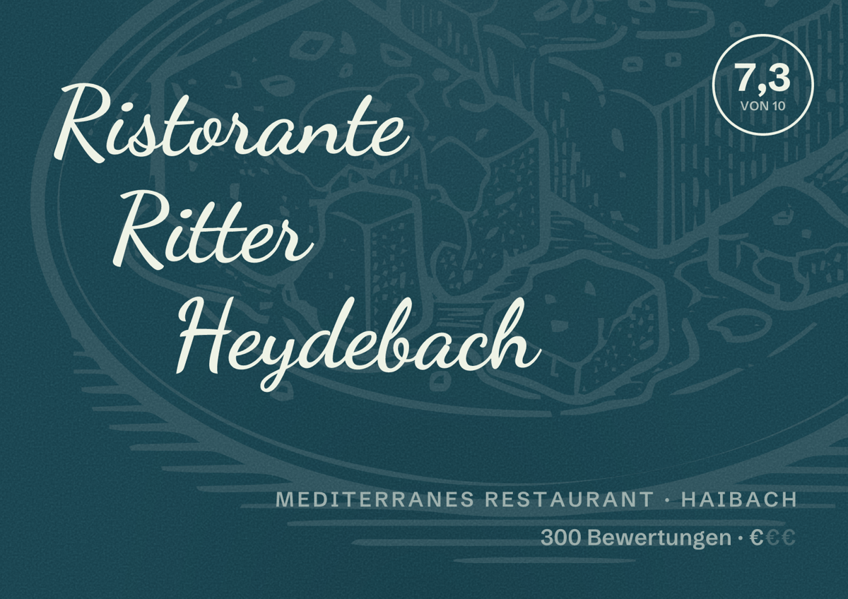 Illustriertes Poster von Ristorante Ritter Heydebach, Mediterranes Restaurant in Haibach: Bewertung 7,3 von 10 aus 300 Bewertungen, Preisniveau €