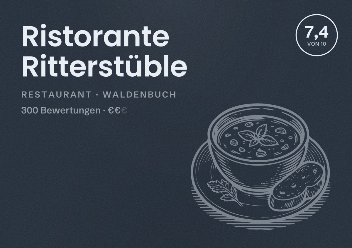 Illustriertes Poster von Ristorante Ritterstüble, Restaurant in Waldenbuch: Bewertung 7,4 von 10 aus 300 Bewertungen, Preisniveau €€