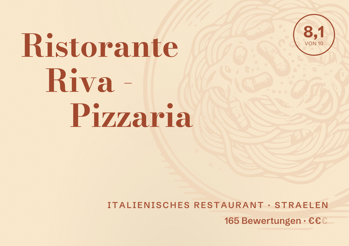 Illustriertes Poster von Ristorante Riva - Pizzaria, Italienisches Restaurant in Straelen: Bewertung 8,1 von 10 aus 165 Bewertungen, Preisniveau €€