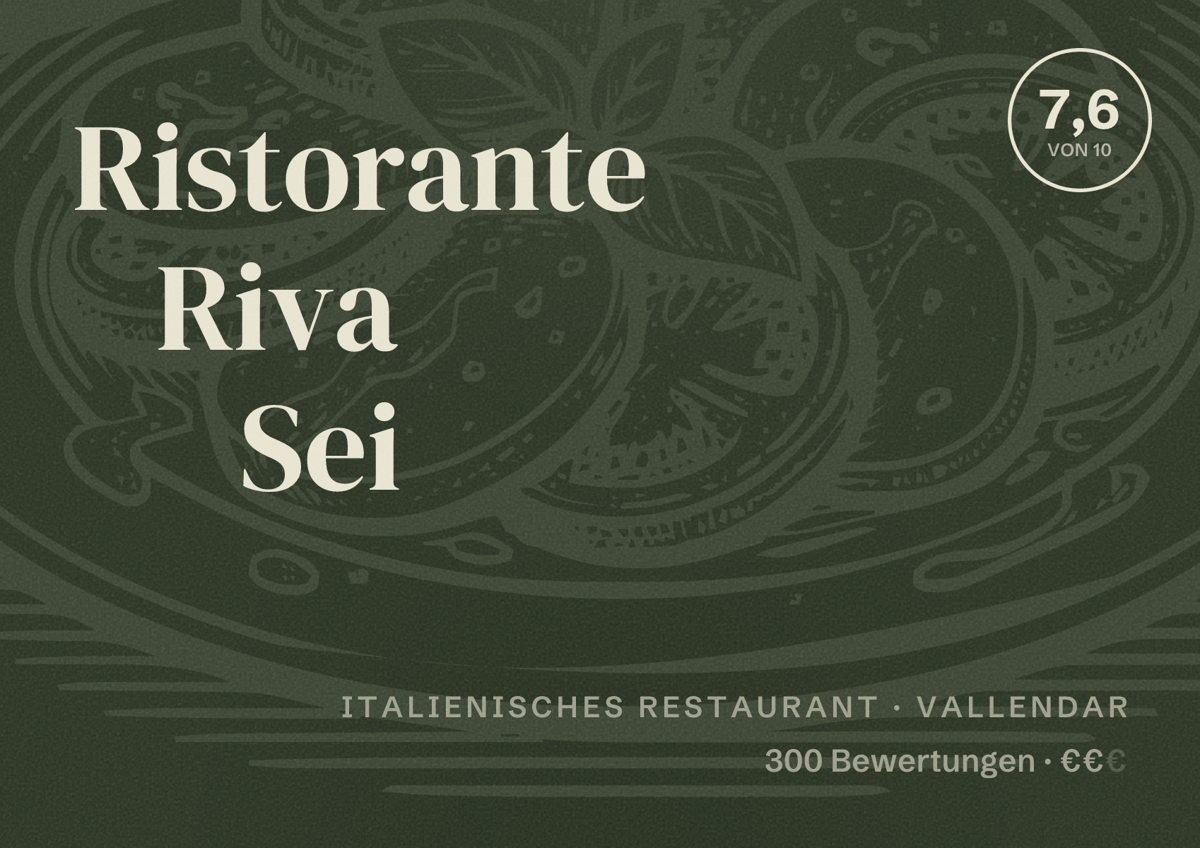 Illustriertes Poster von Ristorante Riva Sei, Italienisches Restaurant in Vallendar: Bewertung 7,6 von 10 aus 300 Bewertungen, Preisniveau €€