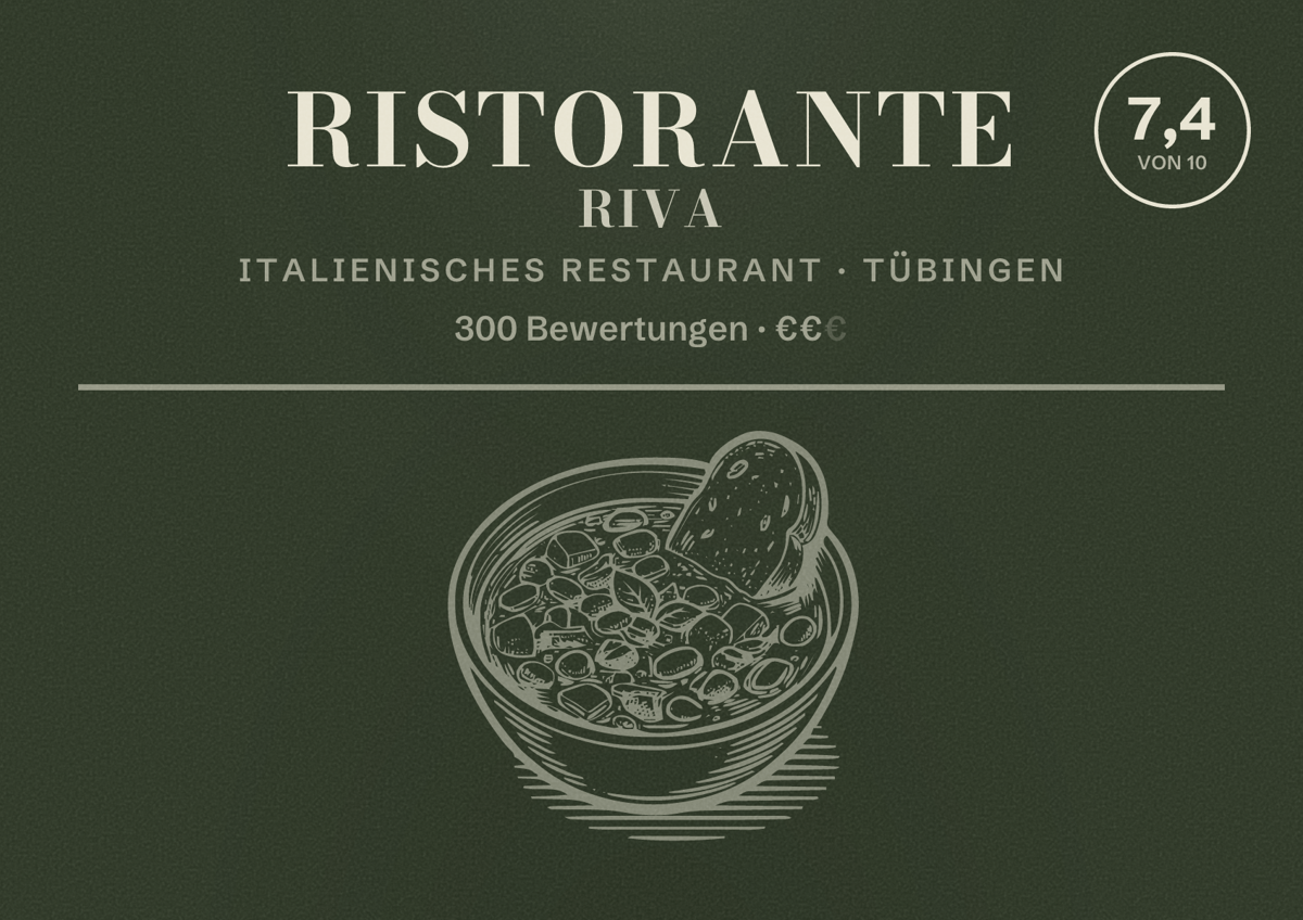 Illustriertes Poster von Ristorante Riva, Italienisches Restaurant in Tübingen: Bewertung 7,4 von 10 aus 300 Bewertungen, Preisniveau €€