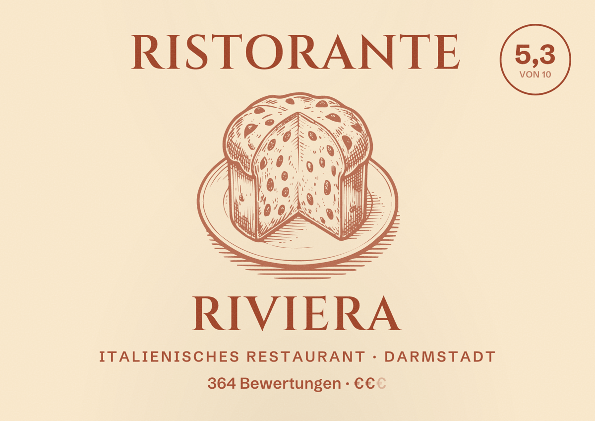 Illustriertes Poster von Ristorante Riviera, Italienisches Restaurant in Darmstadt: Gästebewertung 5,3 von 10 aus 364 Bewertungen