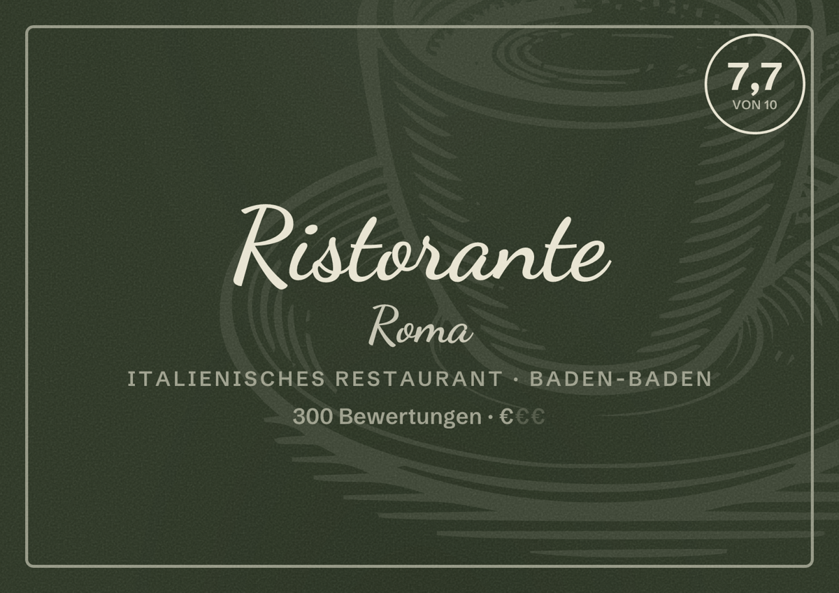 Illustriertes Poster von Ristorante Roma, Italienisches Restaurant in Baden-Baden: Bewertung 7,7 von 10 aus 300 Bewertungen, Preisniveau €