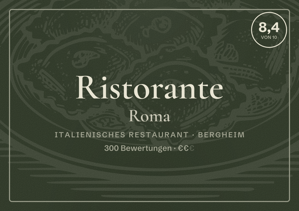 Illustriertes Poster von Ristorante Roma, Italienisches Restaurant in Bergheim: Bewertung 8,4 von 10 aus 300 Bewertungen, Preisniveau €€