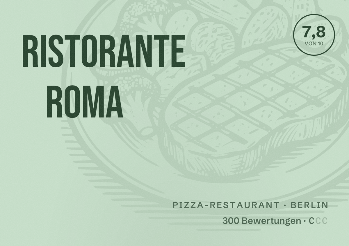 Illustriertes Poster von Ristorante Roma, Pizza-Restaurant in Berlin: Bewertung 7,8 von 10 aus 300 Bewertungen, Preisniveau €