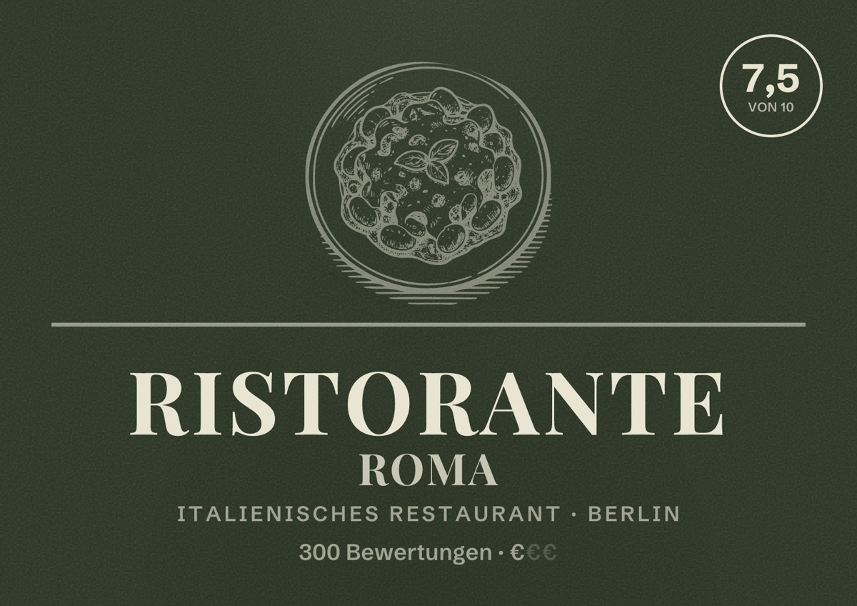 Illustriertes Poster von Ristorante Roma, Italienisches Restaurant in Berlin: Bewertung 7,5 von 10 aus 300 Bewertungen, Preisniveau €
