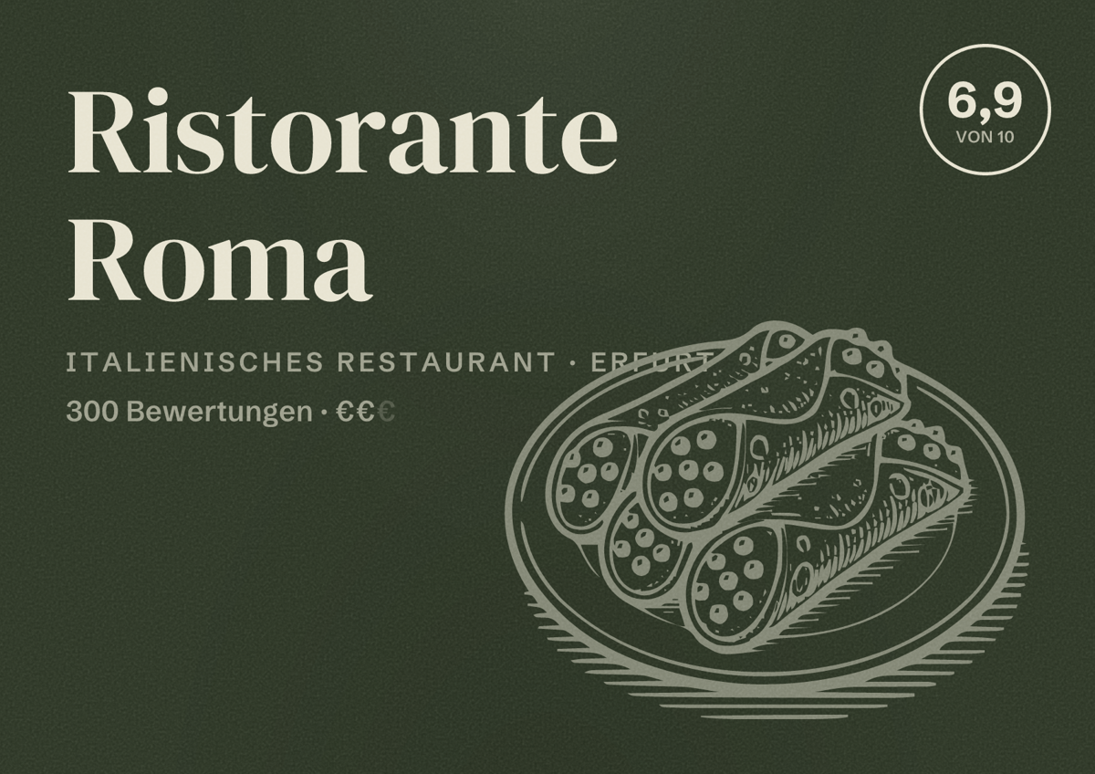 Illustriertes Poster von Ristorante Roma, Italienisches Restaurant in Erfurt: Bewertung 6,9 von 10 aus 300 Bewertungen, Preisniveau €€