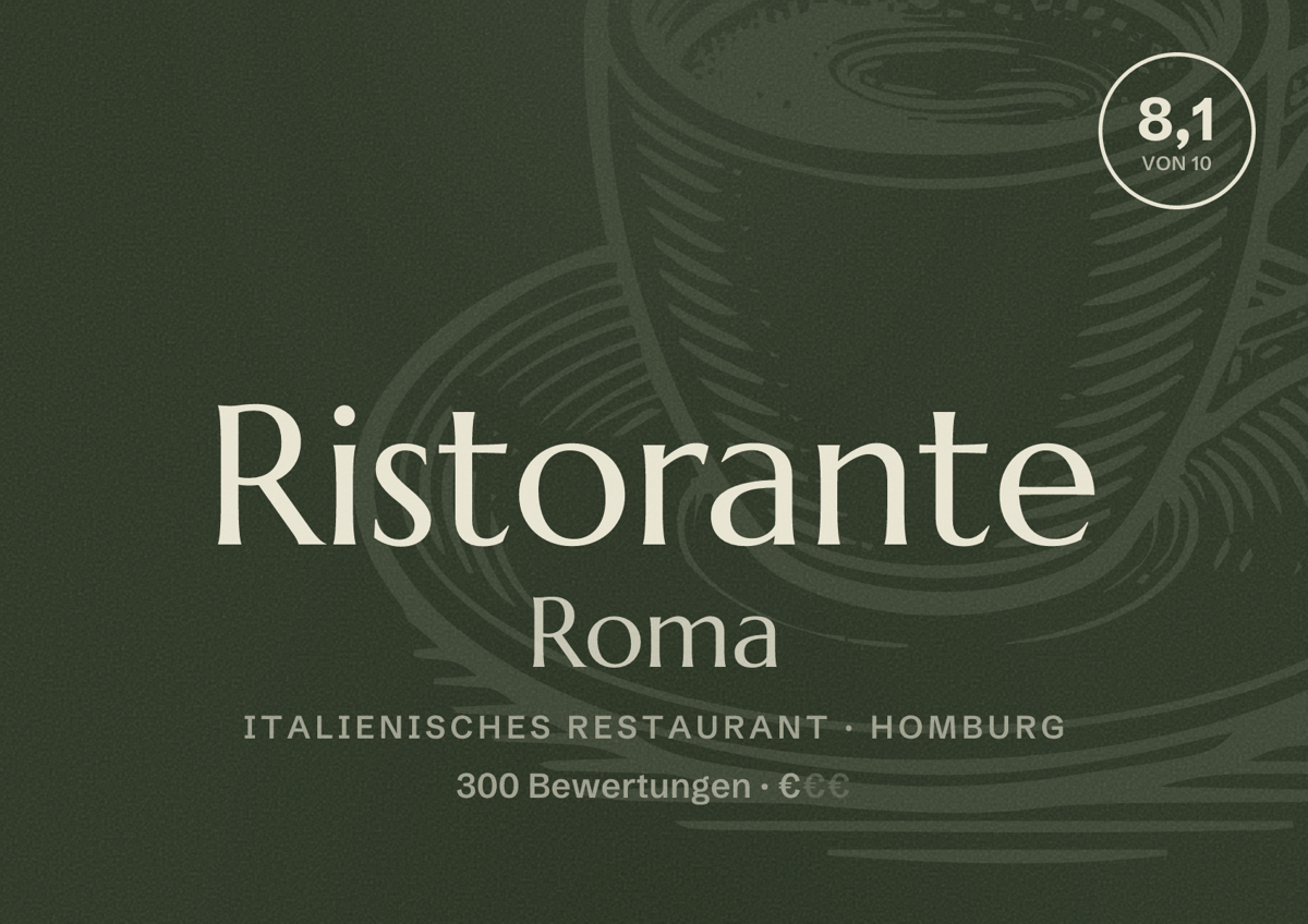 Illustriertes Poster von Ristorante Roma, Italienisches Restaurant in Homburg: Bewertung 8,1 von 10 aus 300 Bewertungen, Preisniveau €