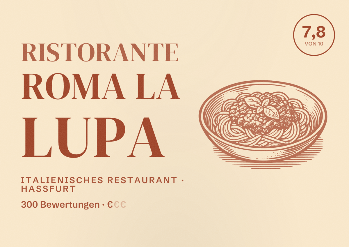 Illustriertes Poster von Ristorante Roma La Lupa, Italienisches Restaurant in Haßfurt: Bewertung 7,8 von 10 aus 300 Bewertungen, Preisniveau €