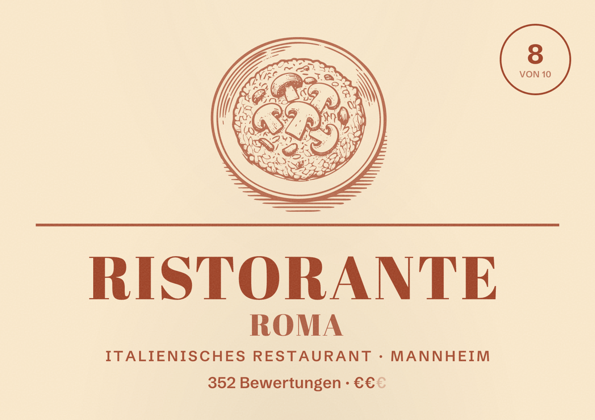 Illustriertes Poster von Ristorante Roma, Italienisches Restaurant in Mannheim: Bewertung 8 von 10 aus 352 Bewertungen, Preisniveau €€