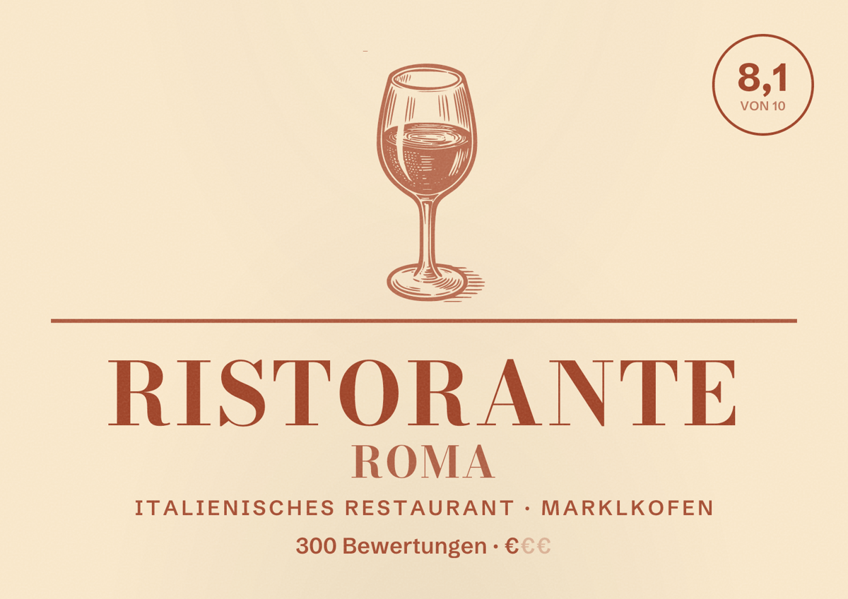 Illustriertes Poster von Ristorante Roma, Italienisches Restaurant in Marklkofen: Bewertung 8,1 von 10 aus 300 Bewertungen, Preisniveau €