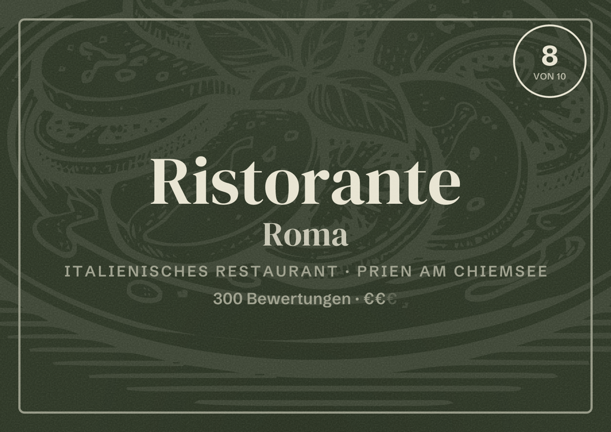 Illustriertes Poster von Ristorante Roma, Italienisches Restaurant in Prien am Chiemsee: Bewertung 8 von 10 aus 300 Bewertungen, Preisniveau €€