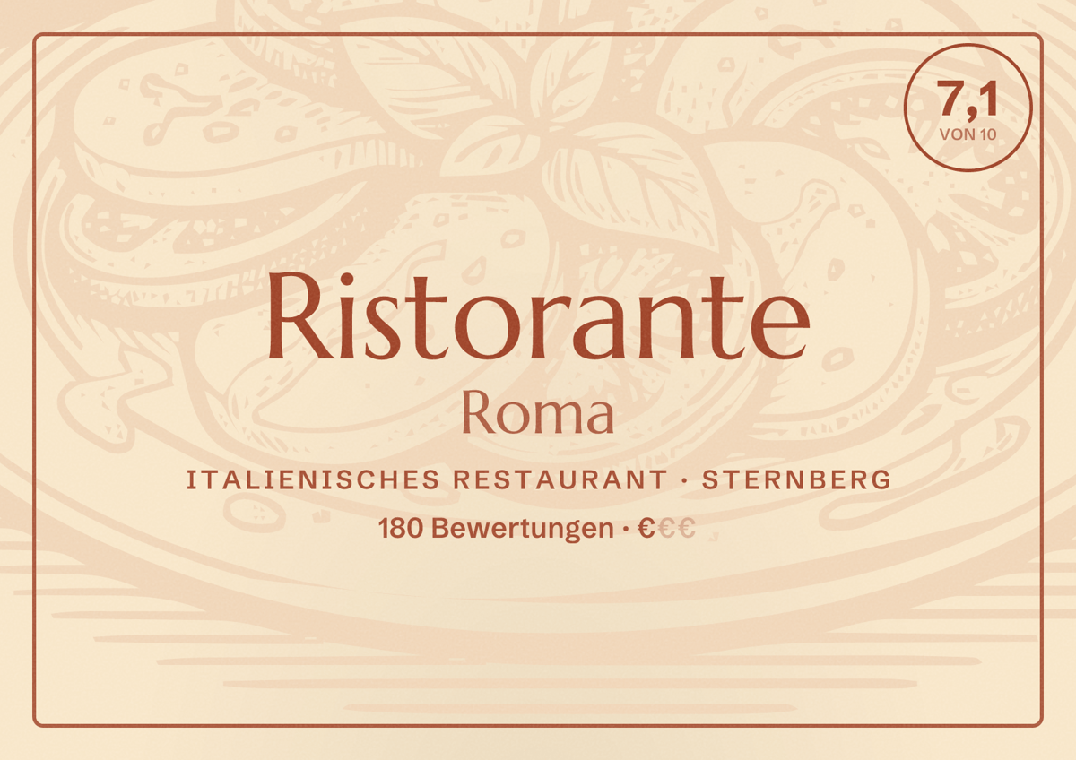 Illustriertes Poster von Ristorante Roma, Italienisches Restaurant in Sternberg: Bewertung 7,1 von 10 aus 180 Bewertungen, Preisniveau €