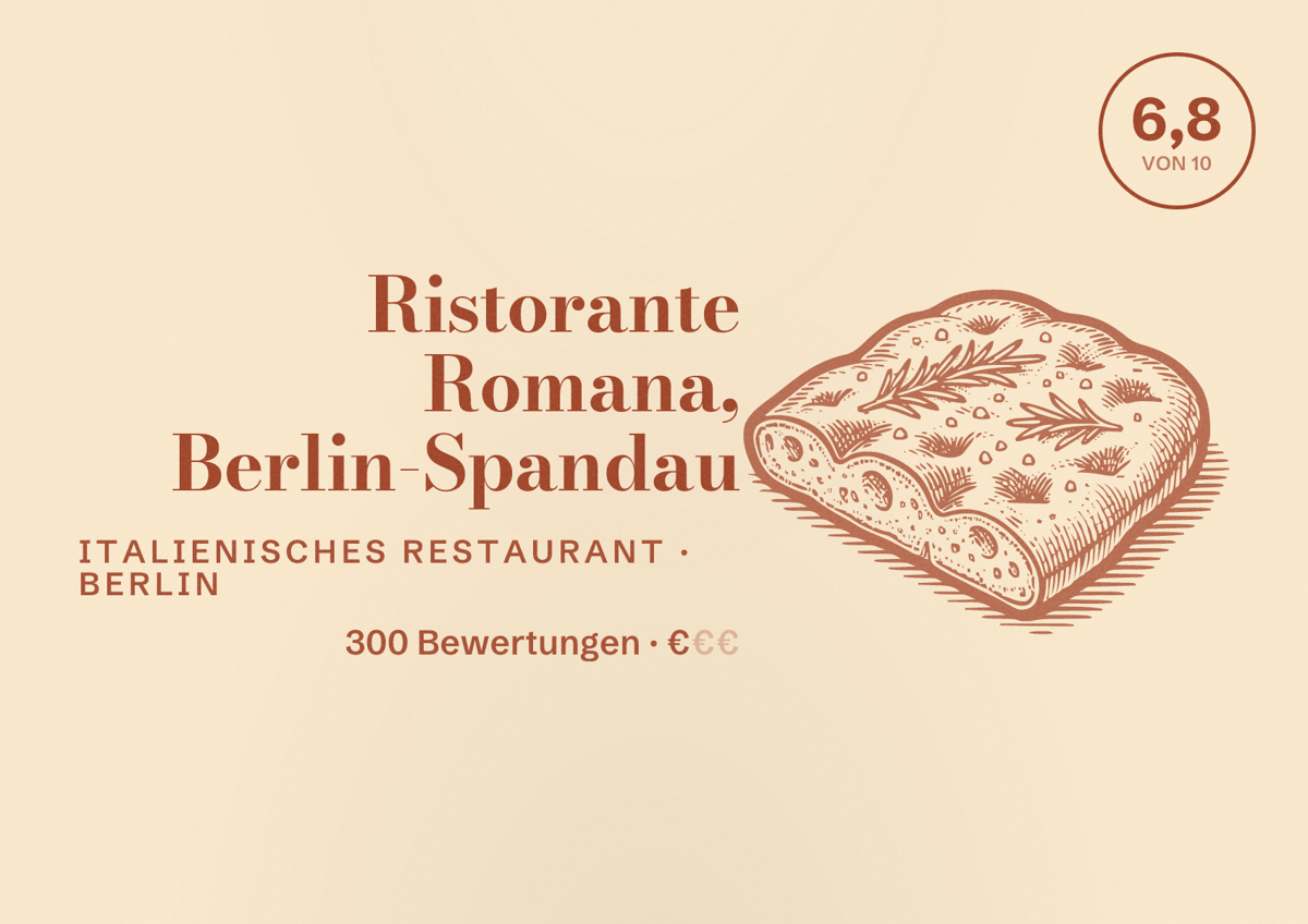 Illustriertes Poster von Ristorante Romana, Berlin-Spandau, Italienisches Restaurant in Berlin: Bewertung 6,8 von 10 aus 300 Bewertungen, Preisniveau €