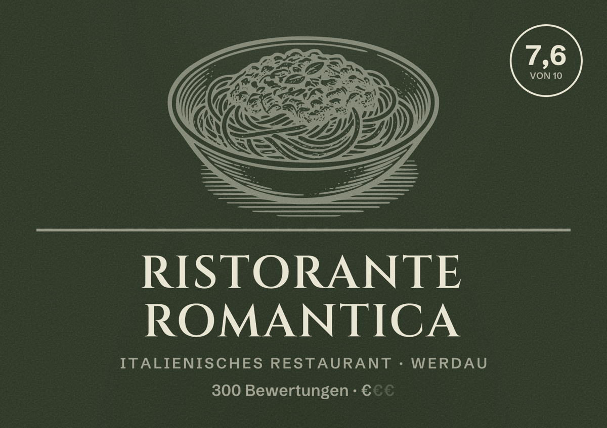 Illustriertes Poster von Ristorante Romantica, Italienisches Restaurant in Werdau: Bewertung 7,6 von 10 aus 300 Bewertungen, Preisniveau €