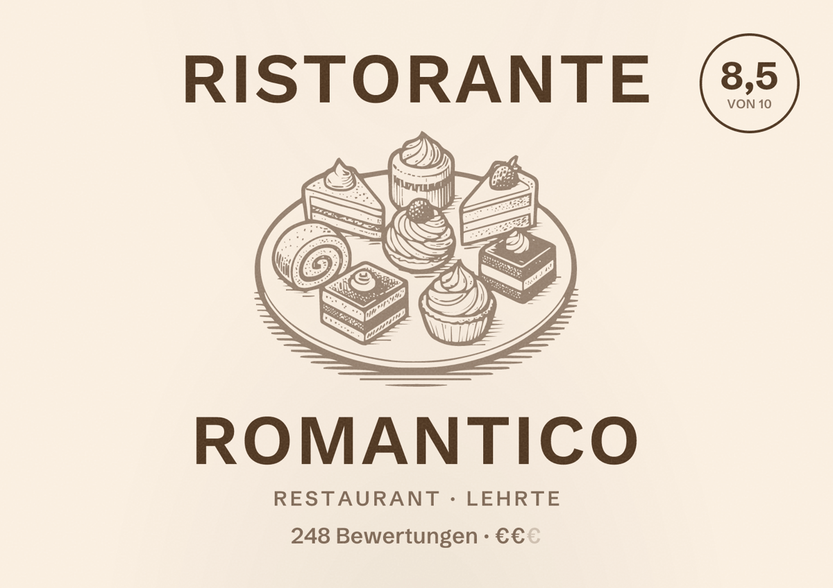 Illustriertes Poster von Ristorante Romantico, Restaurant in Lehrte: Bewertung 8,5 von 10 aus 248 Bewertungen, Preisniveau €€