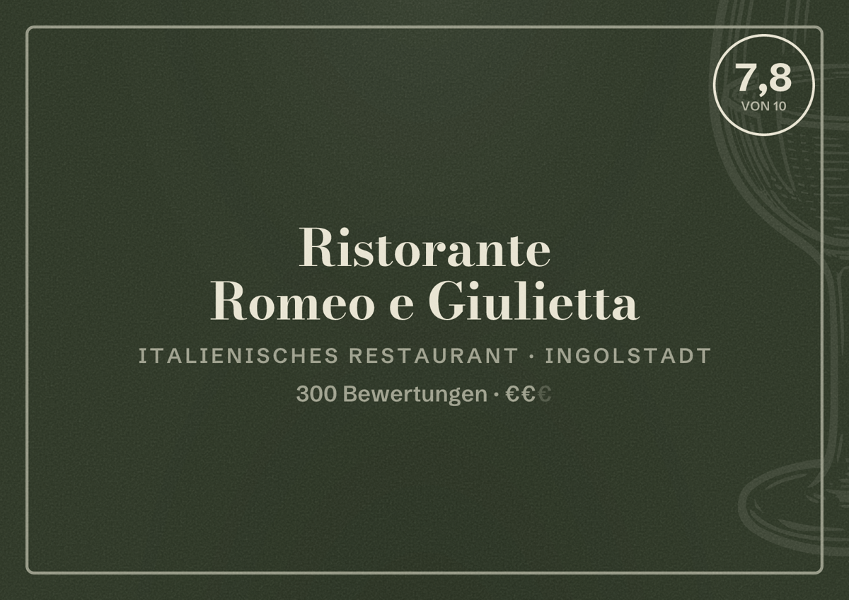 Illustriertes Poster von Ristorante Romeo e Giulietta, Italienisches Restaurant in Ingolstadt: Bewertung 7,8 von 10 aus 300 Bewertungen, Preisniveau €€